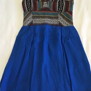 Urban Outfitters Strapless Dress with Bold Blue Skirt and Patterned Bodice